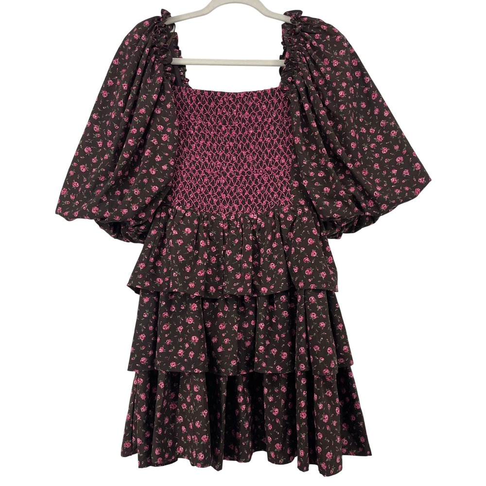 Sofie the label Size S Mini Dress Brown Pink Floral Smocked Puff Sleeve Coquette